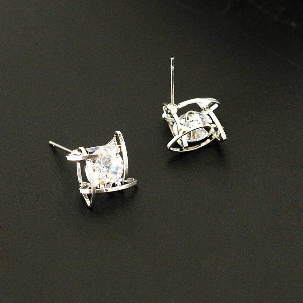 Geometric Hollow Crystal Cage Silver Earrings - Picture 5 of 7
